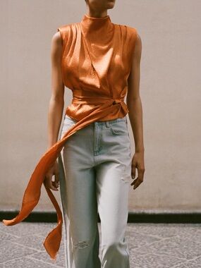 Zara Sleeveless Satin High-Neck Wrap Blouse in Orange